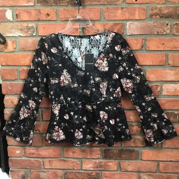 SFERA Spain NEW Lace Floral Sheer Boho Flare Bell Sleeve Peplum Stretch Top Rose - Picture 3 of 15